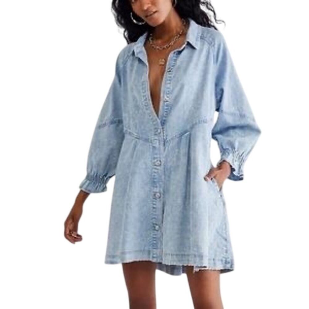 Free People We The Free Hannah Denim Mini Dress Small Light Wash Shirt Dress